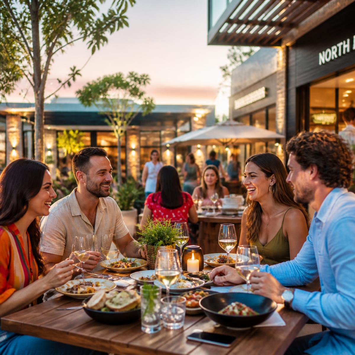 Terraço de restaurante ao ar livre no MULTI Open Shopping ao entardecer
