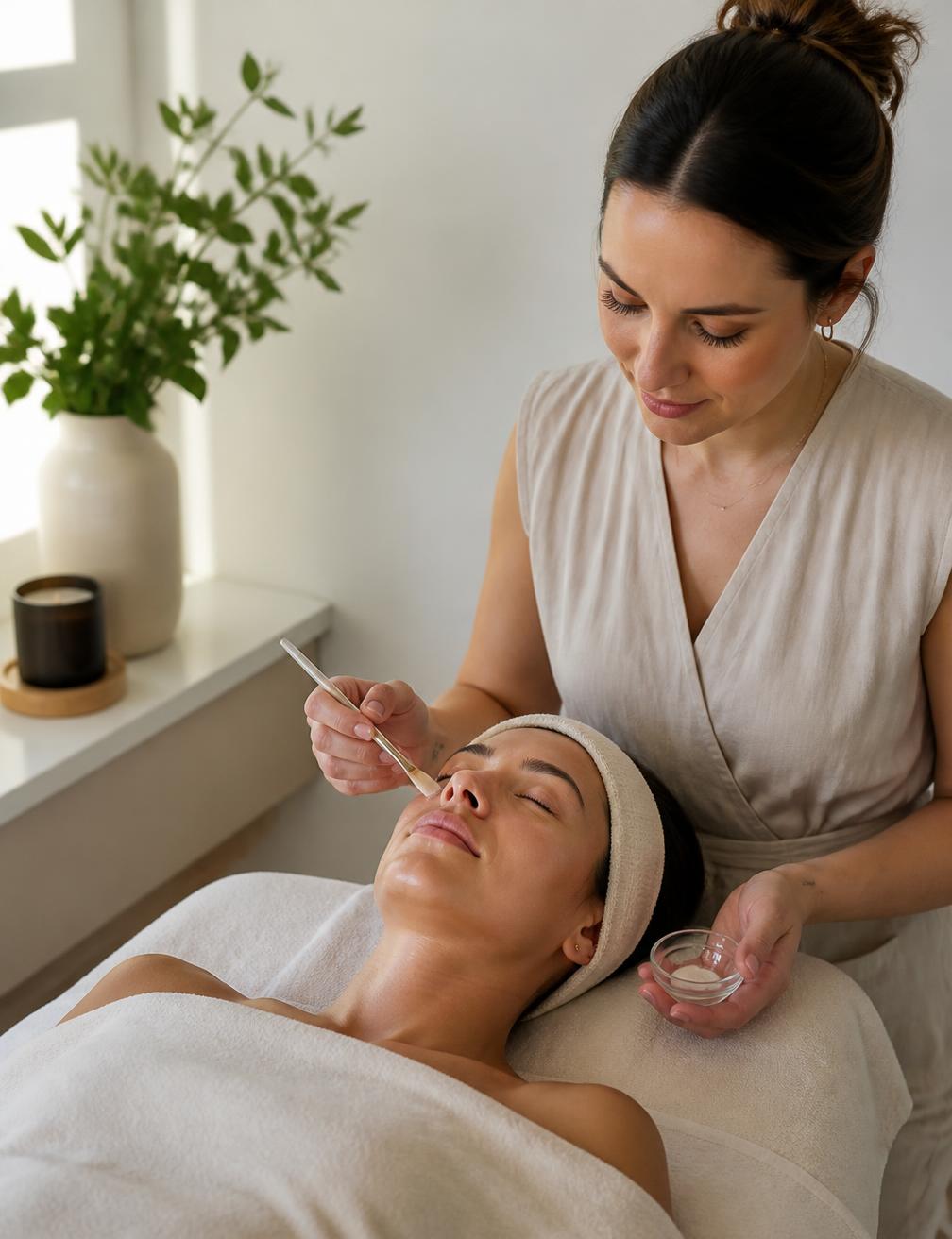 Profissional de estética realizando um procedimento facial em ambiente claro