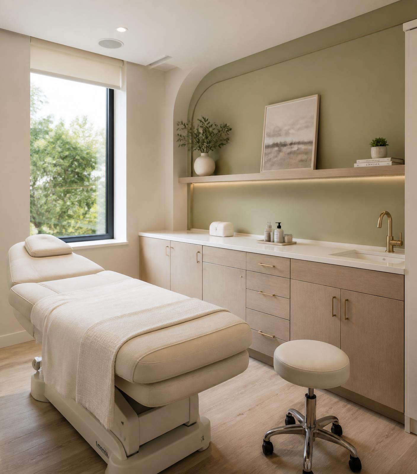 Sala Clinic da SELF, preparada para procedimentos, com maca, bancada e luz natural